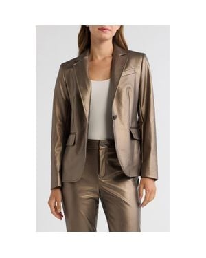 Anne Klein Metallic Faux Leather One Button Blazer - Brown
