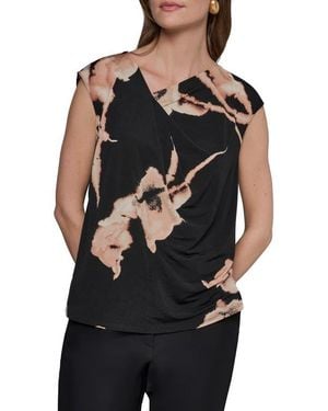 Donna Karan Floral Asymmetric Neck Top - Black