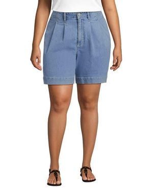 Lands' End Plus Size Soft Denim High Rise 7 Pleated Trouser Shorts - Blue
