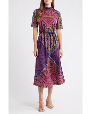 Anne Klein Print Mock Neck Midi Dress - Red