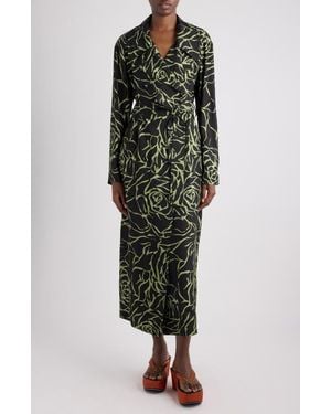 Dries Van Noten Rolana Giant Couture Rose Print Belted Crepe Trench Coat - Green