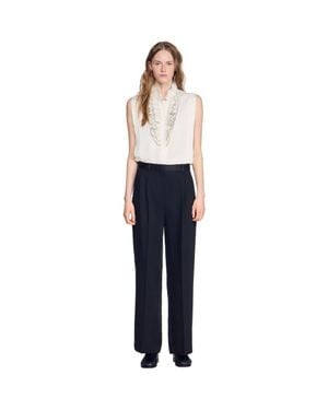 Sandro Mixed-Material Satin Pants - Blue