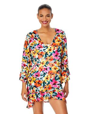 Anne Cole Flounce V Neck Tunic Swimsuit Cover Up - White