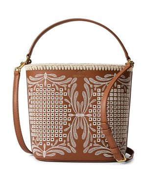 Veronica Beard Small Feed Embroidered Leather Top Handle Bag - Brown