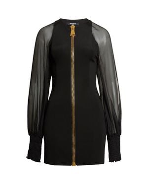 Balmain Sheer Long Sleeve Zip Minidress - Black