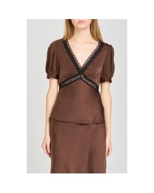 Wayf Felicity Lace Trim V-Neck Satin Top - Brown
