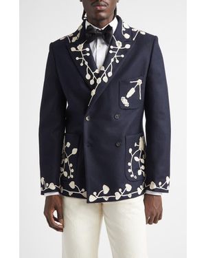 Bode Snowdrop Appliqué Wool Blend Sport Coat - Blue
