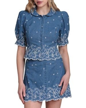 Avec Les Filles Embroidered Puff Sleeve Scallop Crop Chambray Shirt - Blue
