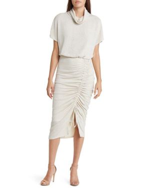 Black Halo Iliana Ruched Skirt Cowl Neck Midi Dress - Natural