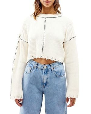 BDG Distressed Topstitch Rib Crop Sweater - Blue
