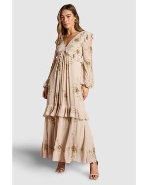 Coast V-Neck Embellished Tiered Midi Dress - Natural