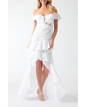 Guess Maya Lace Ruffle Off The Shoulder Maxi Dress - White