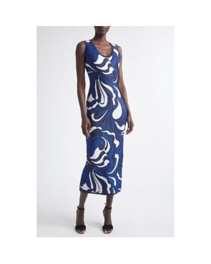 St. John Lynn Metallic Scroll Jacquard Sweater Dress - Blue