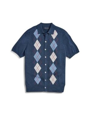 Brooks Brothers Collared Short Sleeve Argyle Cotton Cardigan - Blue