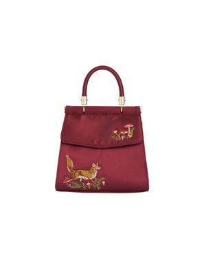 Fable England Fox & Mushroom Embroidered Burgundy Satin Tote