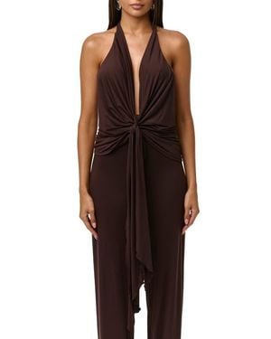 Naked Wardrobe Deep Plunge Neck Tie Front Halter Top - Brown