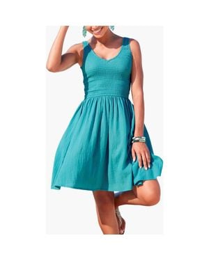Lascana Smocked V-Neck Dress - Blue