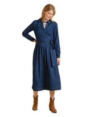 Brakeburn Fern Long Sleeve V-Neck Shirt Midi Dress - Blue
