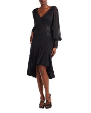 Tadashi Shoji Sequin Lace Detail Long Sleeve High-Low Cocktail Dress - Black