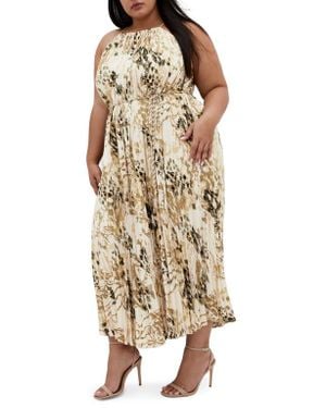 City Chic Tatum Pleated Tie Waist Dress - Natural