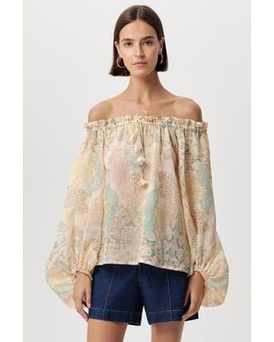 Exquise Uliana Off Shoulder Tie Neck Long Sleeve Blouse - Natural