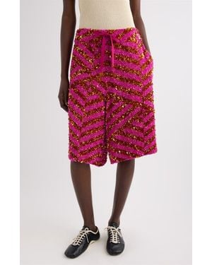 Dries Van Noten Pomy Bis Sequin Embellished Stripe Wide Leg Drawstring Shorts - Red