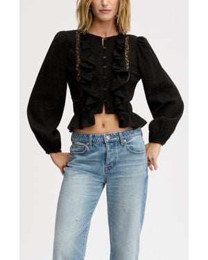 Sam Edelman Lace Inset Ruffle Cotton Button-Up Shirt - Black