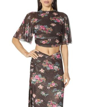 AFRM Kailie Ruched Flutter Sleeve Mesh Crop Top - Black