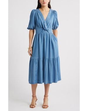 Caslon Twist Front Puff Sleeve Chambray Midi Dress - Blue