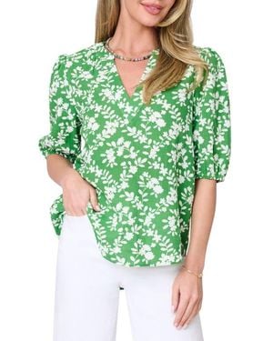 Gibsonlook Meadow Print Puff Sleeve Top - Green