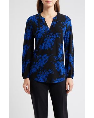 Anne Klein Floral Print Split Neck Top - Blue