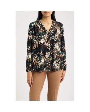 Anne Klein Printed Notched V-Neck Long Sleeve Top - Black