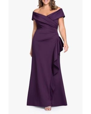 Xscape Evenings Off The Shoulder Ruffle Scuba Crepe Gown - Purple