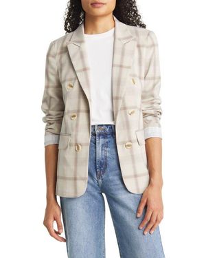 1.STATE Ruched Sleeve Plaid Double Breasted Blazer - White