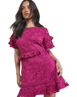 Oasis Lace Trim Detail Frill Sleeve Mini Dress - Purple