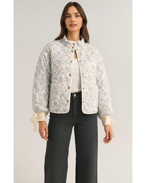Modenaire Floral Quilted Jacket With Puff Sleeves And Satin Bow Cuffs - Natural
