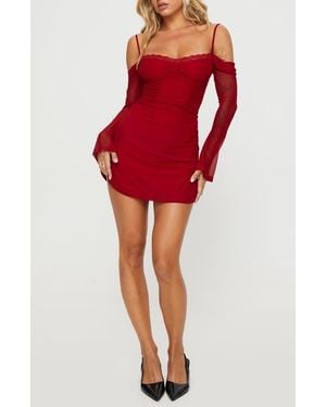 Princess Polly Edmone Lace Trim Cold Shoulder Long Sleeve Minidress - Red