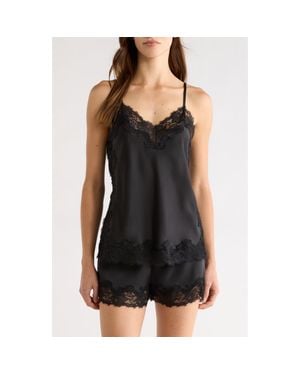 Open Edit Lace Trim Satin Short Pajamas - Black
