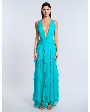 BCBGMAXAZRIA Ruffle Halter Chiffon Gown - Blue