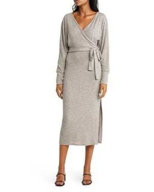 Loveappella Long Sleeve Faux Wrap Midi Dress - Gray
