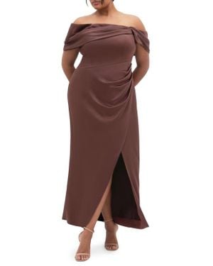 City Chic Paloma Off The Shoulder Satin Maxi Dress - Brown