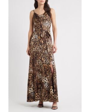 Vince Camuto Leopard Print Aysmmetric Neck Satin Gown - Brown