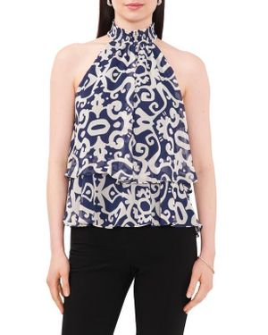 Chaus Medallion Print Smocked Halter Neck Blouse - Blue