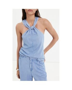 Mango Crossed Strap Denim Top - Blue