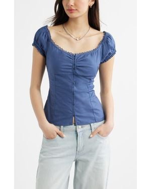 BP. Lace Trim Stretch Cotton Button-Up Top - Blue