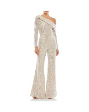 Mac Duggal Sequined Drop Shoulder Long Sleeve Jumpsuit - Natural