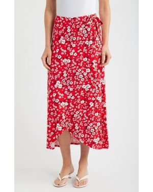 Loveappella Floral Faux Wrap Knit Midi Skirt - Red