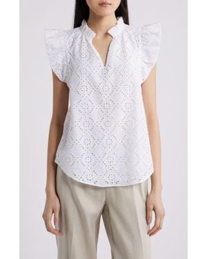 Anne Klein Embroidered Cotton Eyelet Top - White