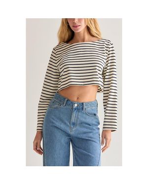 Crescent Striped Boatneck Crop Knit Top - Blue