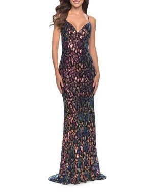 La Femme Multi Color Print Sequin Dress With Lace Up Back - Red